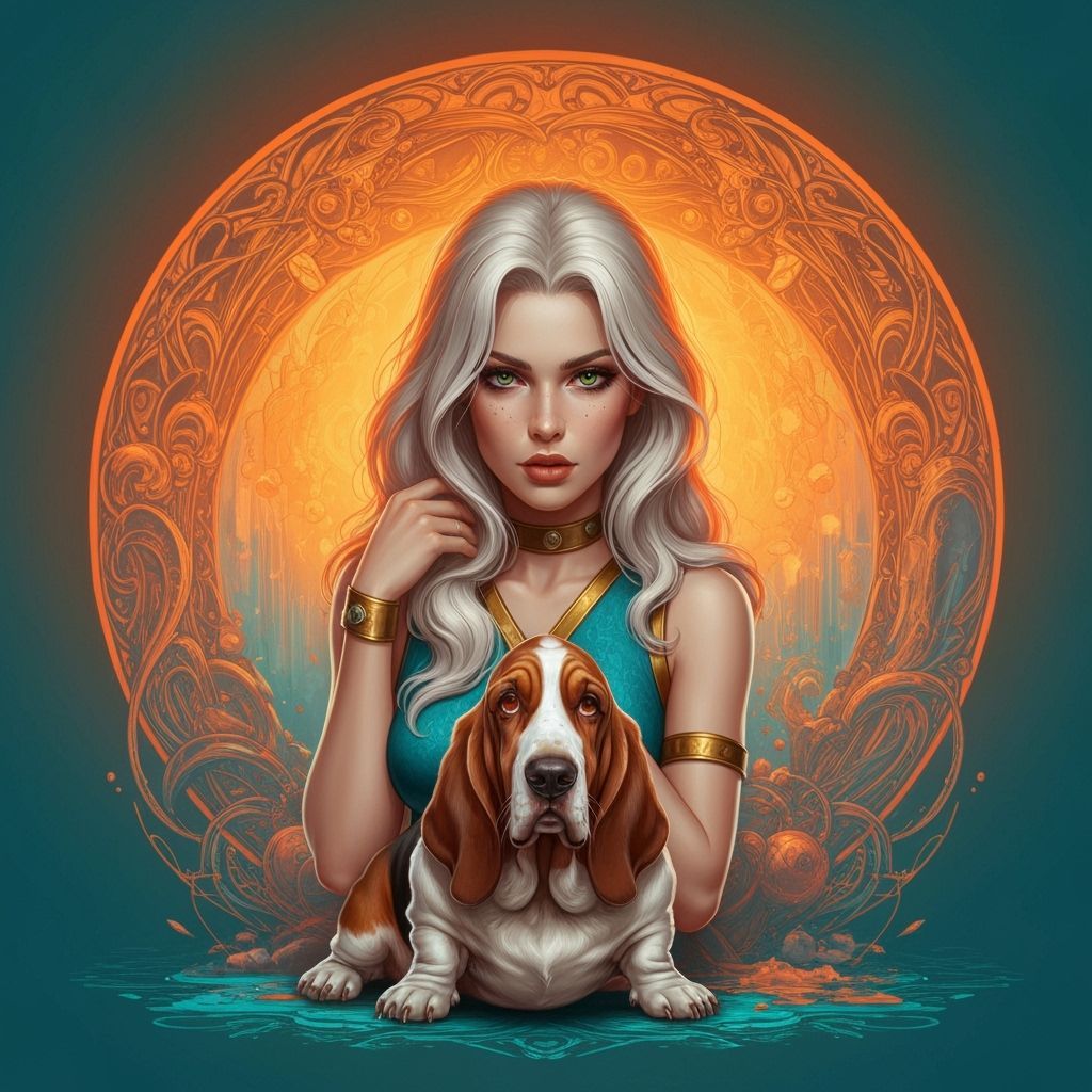 Woman Posing With Basset Hound in Concept Art Style