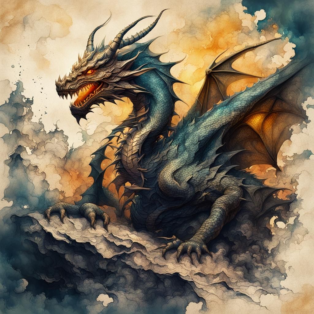 Dragon in Ink Painting Style on Vintage Paper