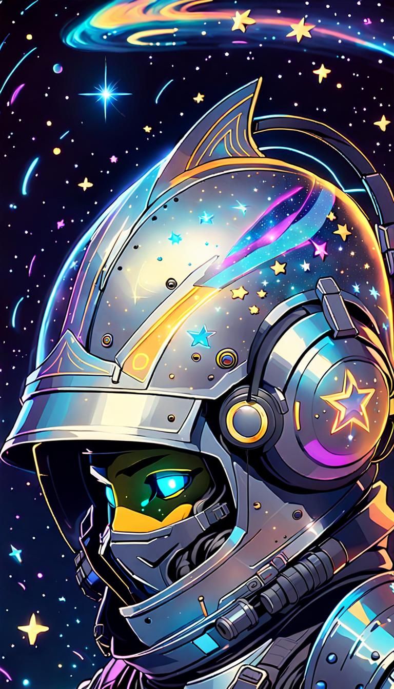 Cyberpunk Knight in Space with Neon Outlines
