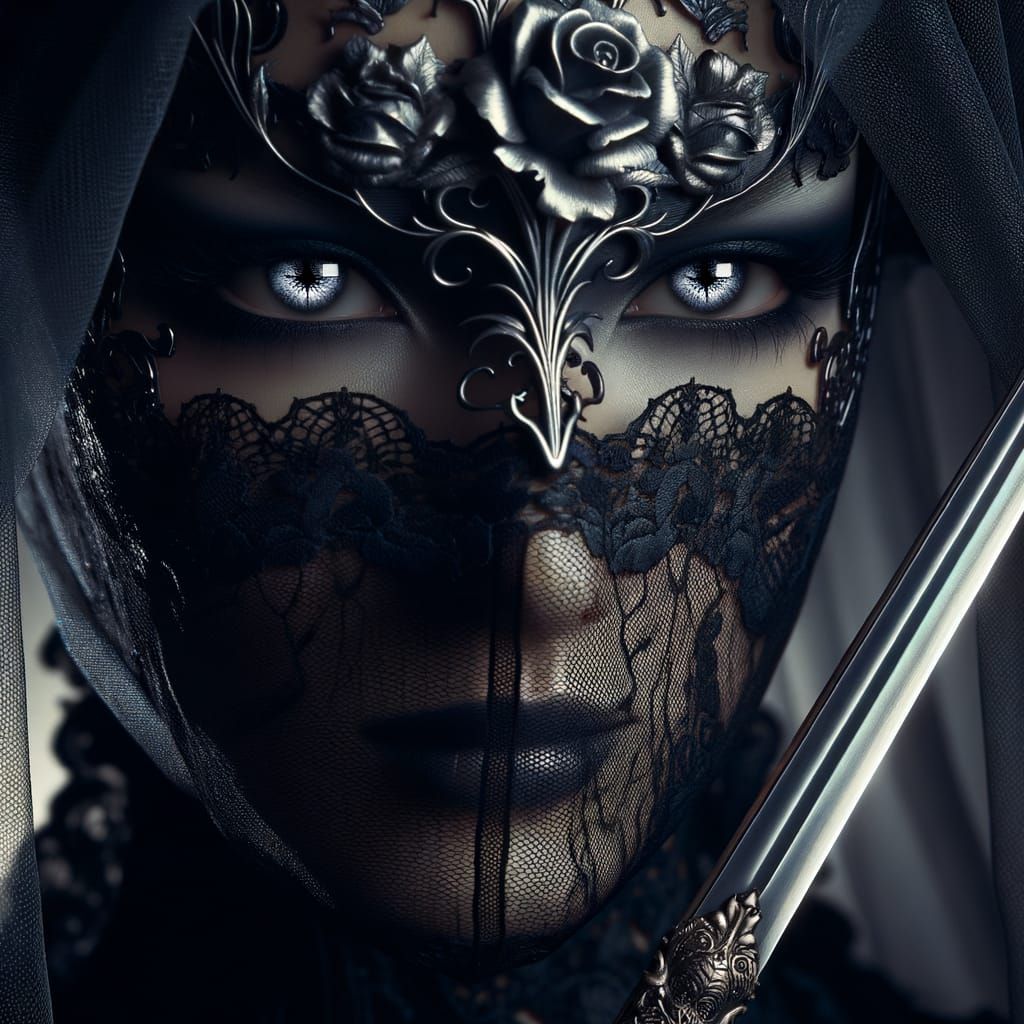 Enigmatic Swordswoman in Moonlit Shadows