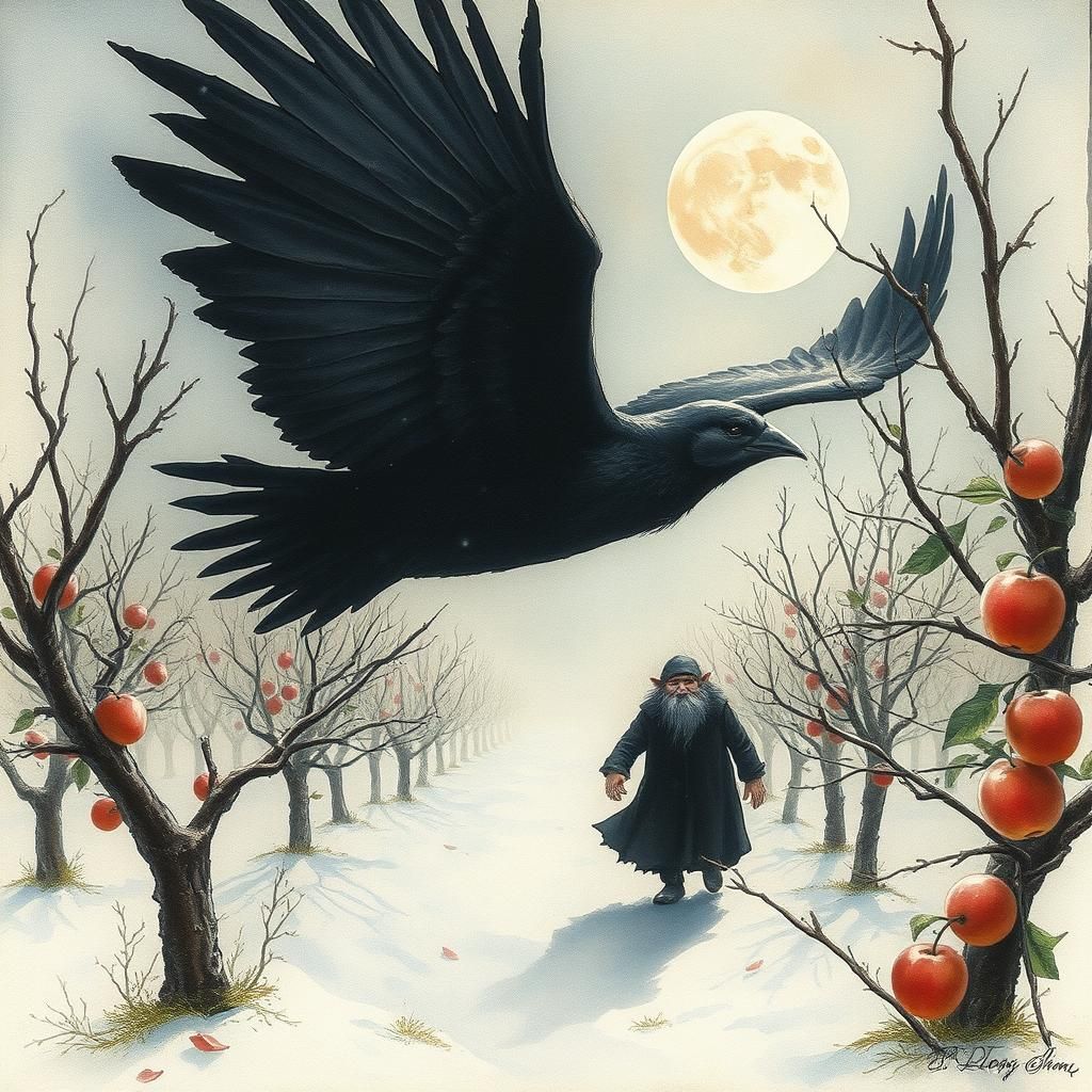 Troll in Orchard: Ethereal Watercolour Painting