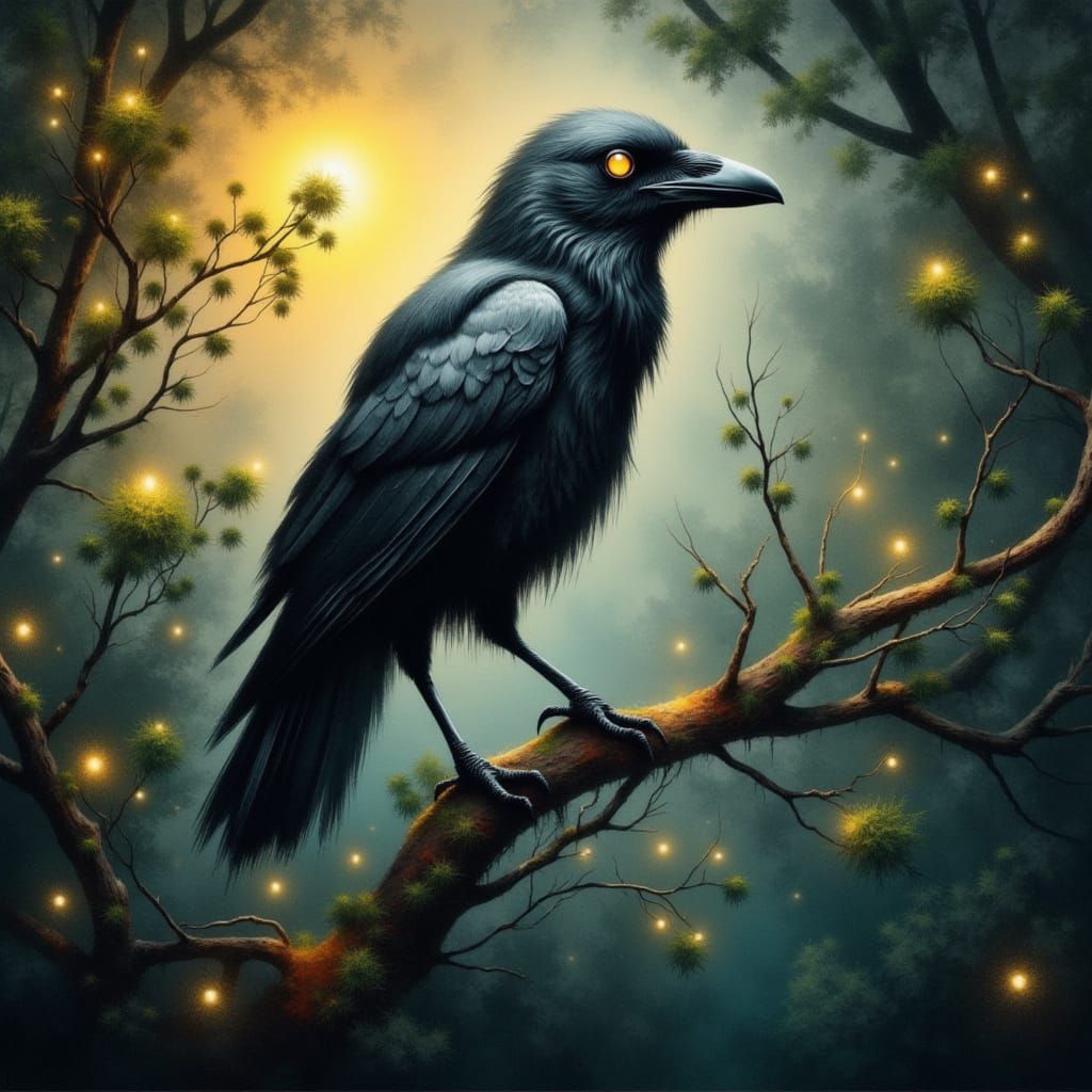 Wise Raven in Misty Forest with Fireflies, Oil Paint