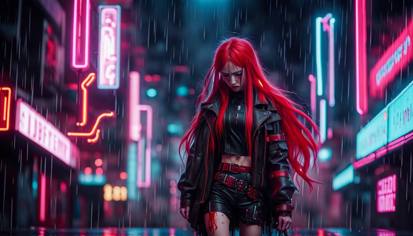 Crying Woman in Gritty Cyberpunk Neon Goth Style