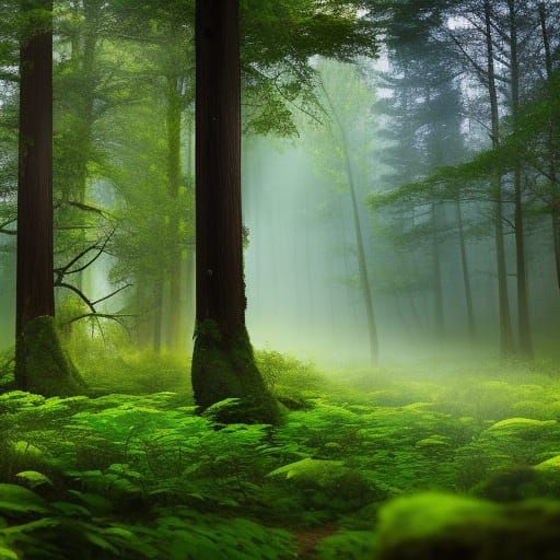 Sunlit Forest Scene with Mushroom Glade