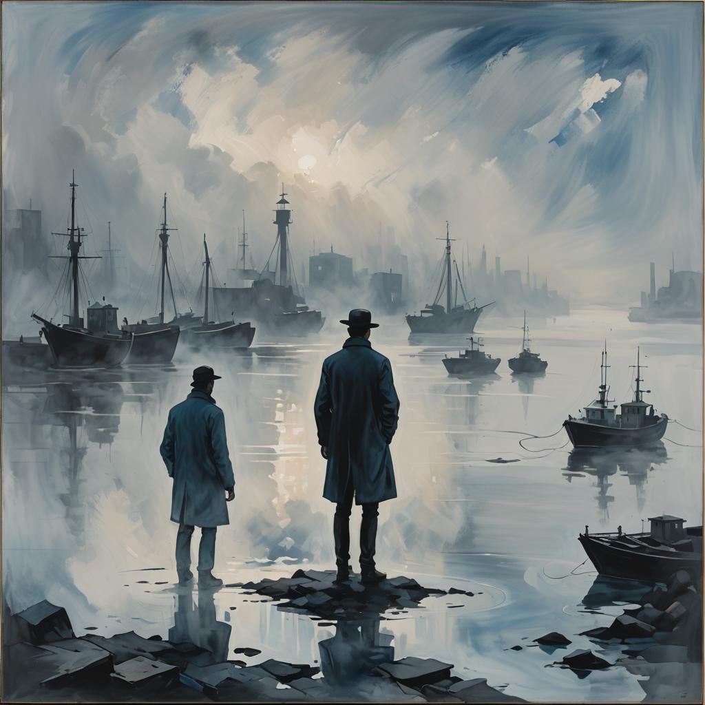Neo-Expressionist Man at Foggy Harbor's Edge