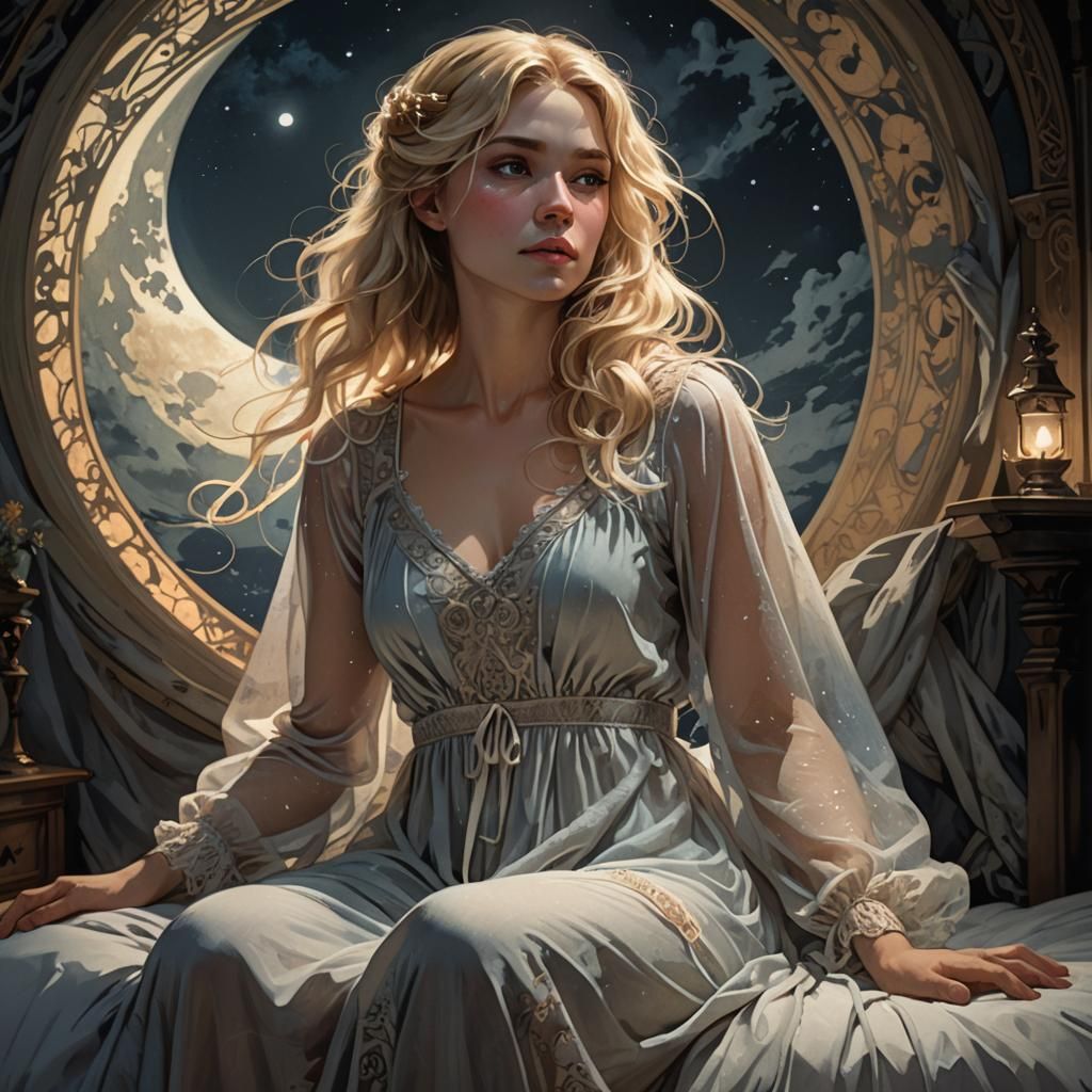 Ethereal Blonde in Moonlit Shadows: Dark Fantasy Art