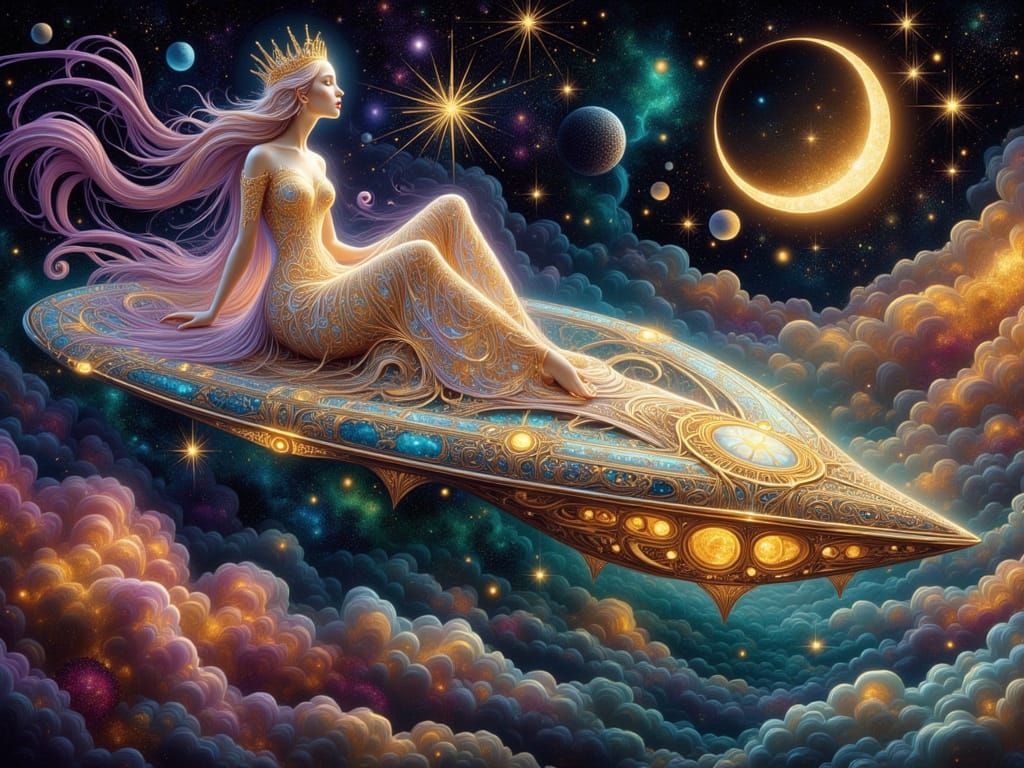 Art Nouveau Starship in Vibrant Nebula