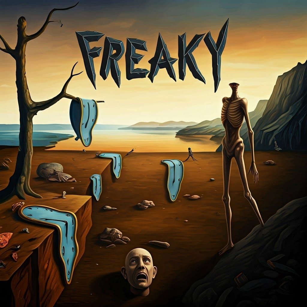 Large text that says "FREAKY" is emblazoned in a surreal, triple-bold, twisted font at the top of the image. Below, a Sa...