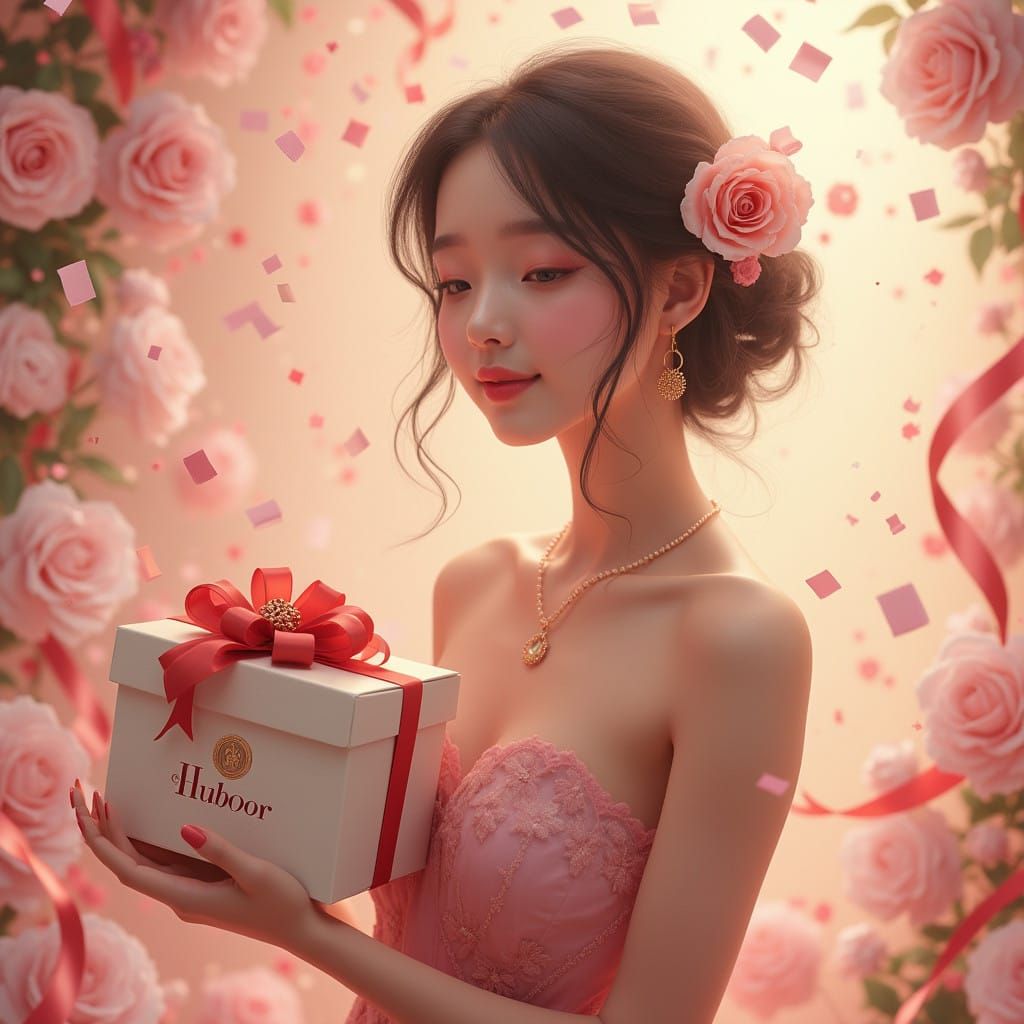 Whimsical Woman Celebrates Joyful Moments with Elegant Gift...