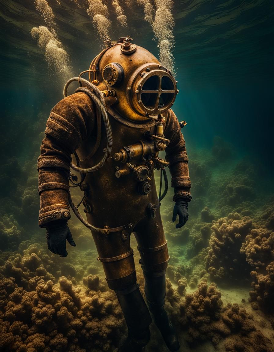 Underwater Explorer Wearing Diving Helmet