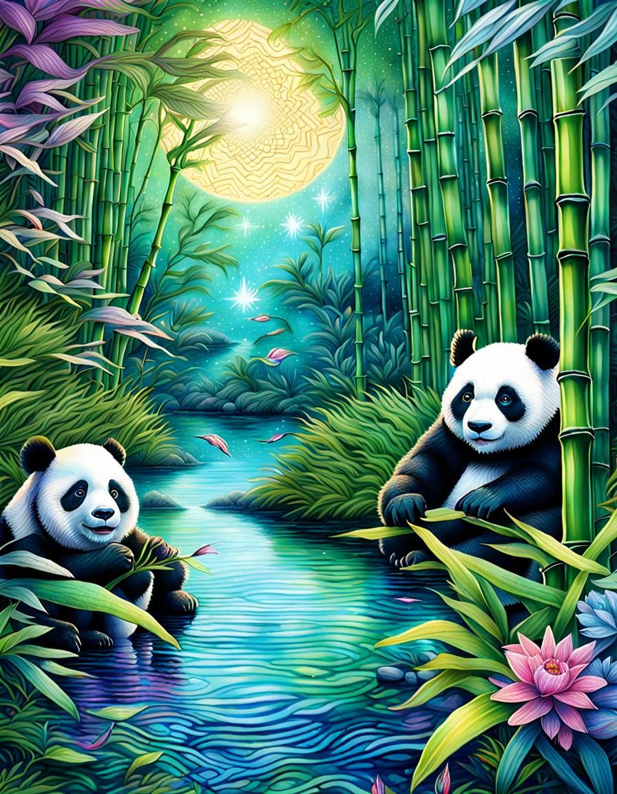 Zentangle Pandas in a Magical Bamboo Forest