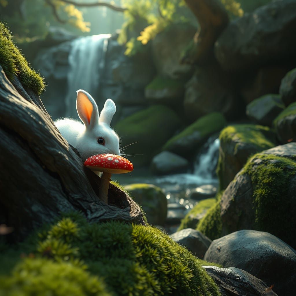 Serene White Rabbit in Mystical Forest Glade