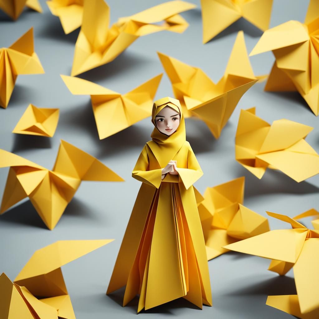 Girl in Yellow Dress with Origami Papercraft
