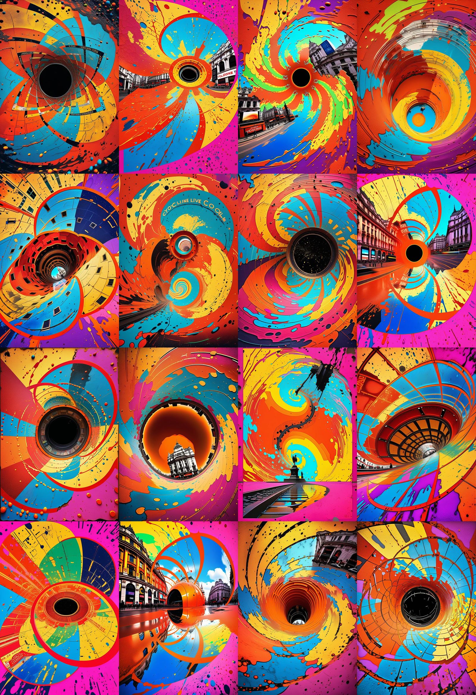 Sinkhole Cyclone Drain Tornado Hole, Piccadilly Circus, Circuits, Giant Public Water, Apricot Live Light Splatter Poster...