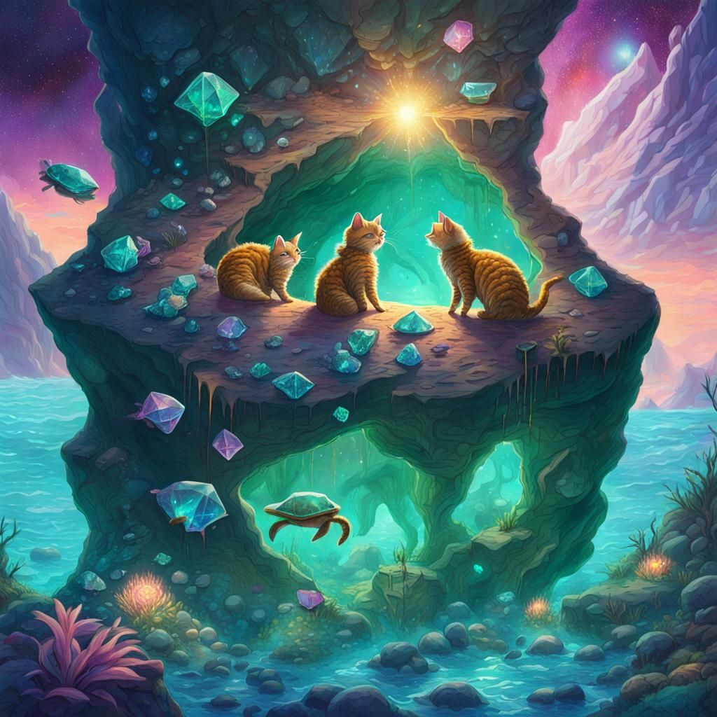 Emerald Mine Cave with Pirate Kittens, Astral Illustration
