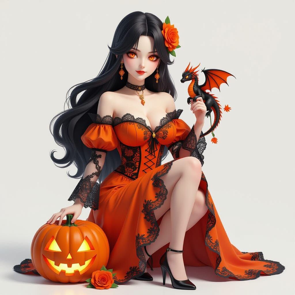 Gothic Woman with Dragon and Rose, 3D Anime Art