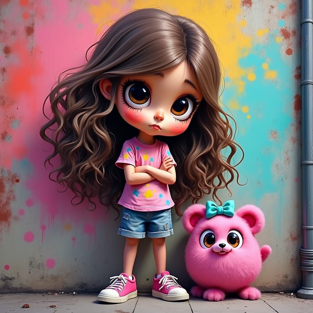Cartoon Girl with Creature in Chalk Art Style