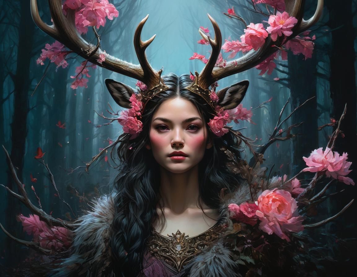 Woman with Deer Antlers and Pink Flowers