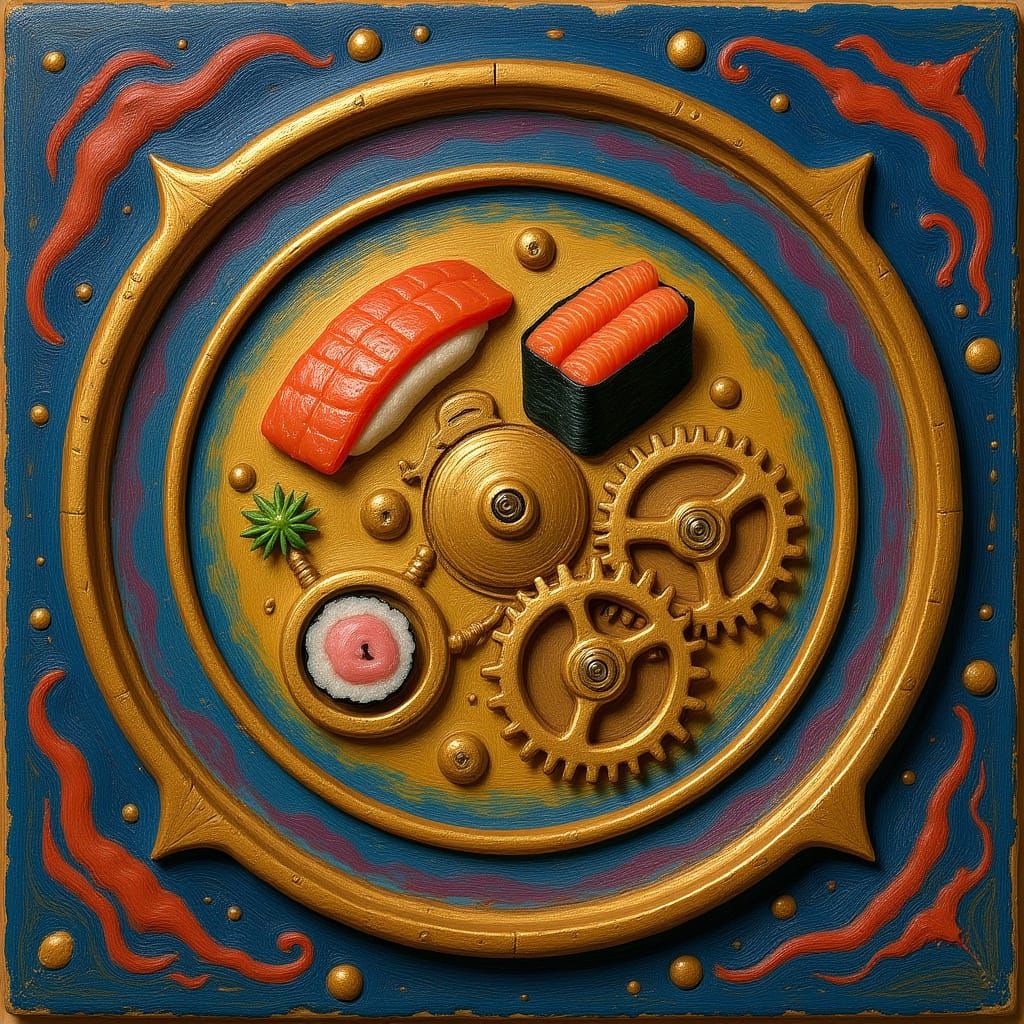 Surreal Sushi Clockwork in Vibrant Plaster Relief
