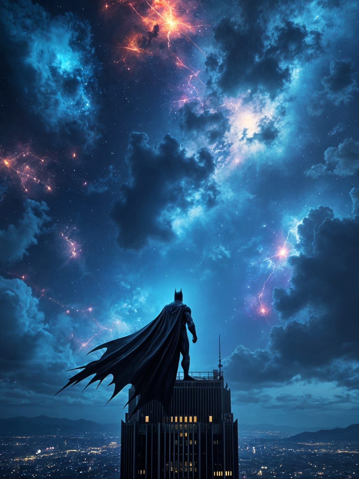 Batman Silhouette Against Cosmic Gothic Sky