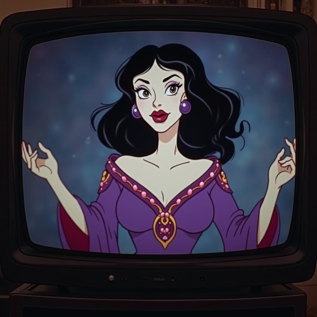 Sultry Sorceress on Vintage CRT TV in Fantasy Cartoon Style