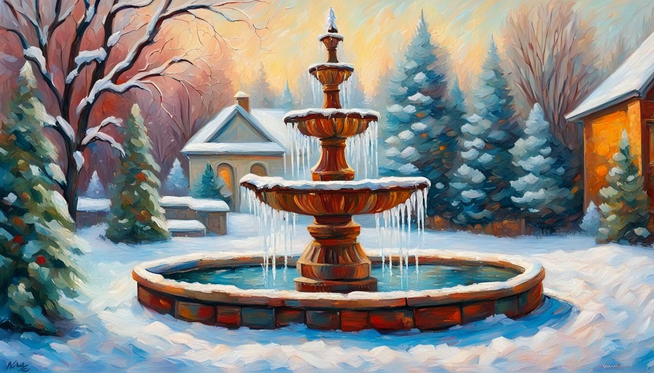 Frozen Fountain in Snowy Garden: Impasto Oil Painting