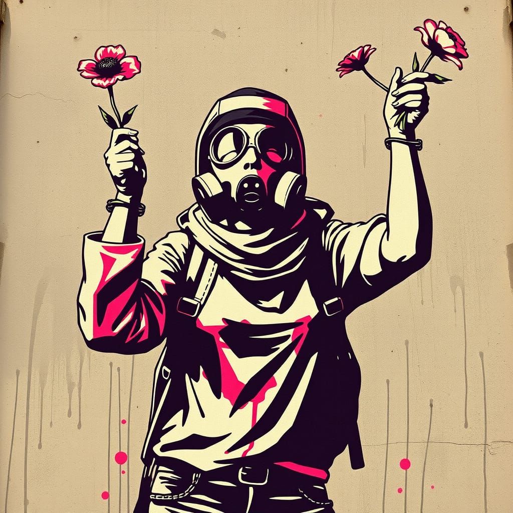 Woman Throws Up Flowers in Gritty Banksy-Inspired Street Art