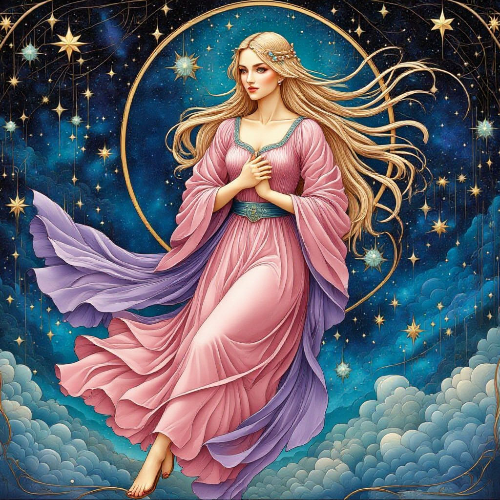 Celestial Priestess with Golden Harp in Art Nouveau Style