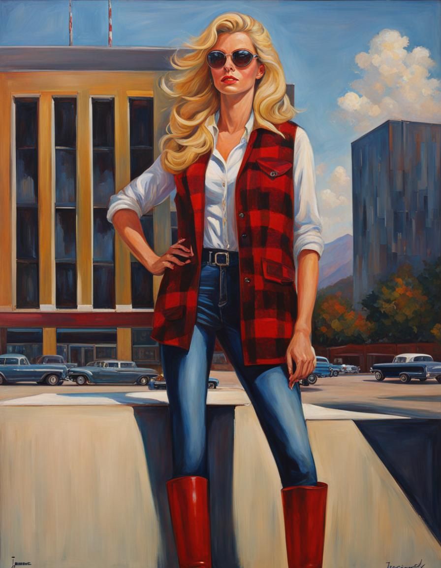 Woman in Red Plaid Vest, Oil Painting Style