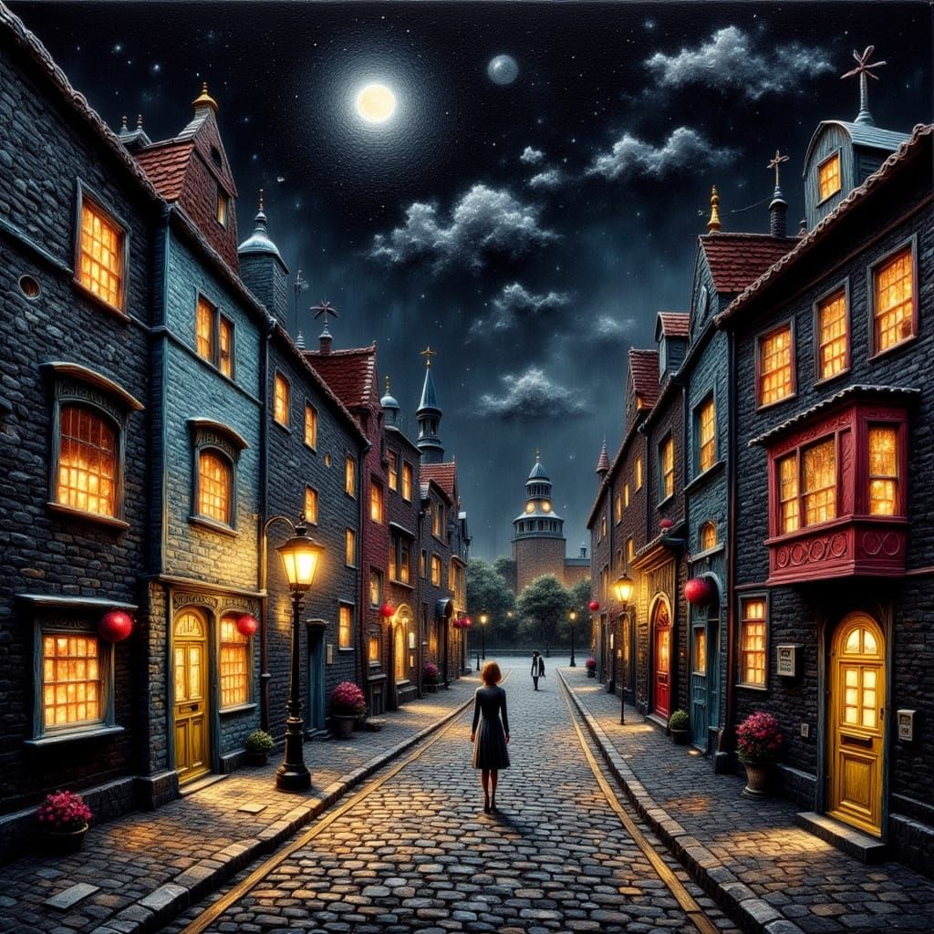 Surreal Victorian Harbor City at Night in Dreamy Grunge Poin...