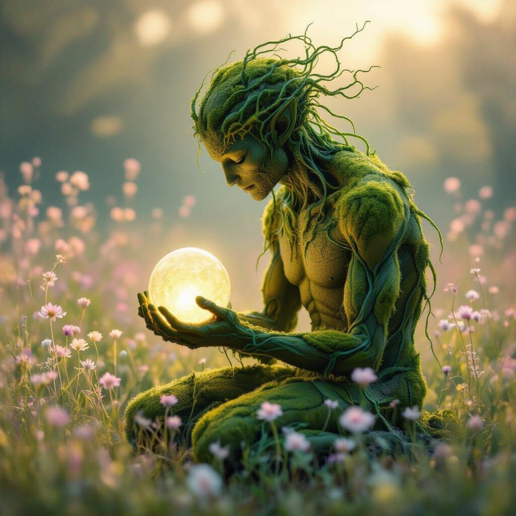 Moss Humanoid Kneeling in Pastel Meadow with Glowing Orb