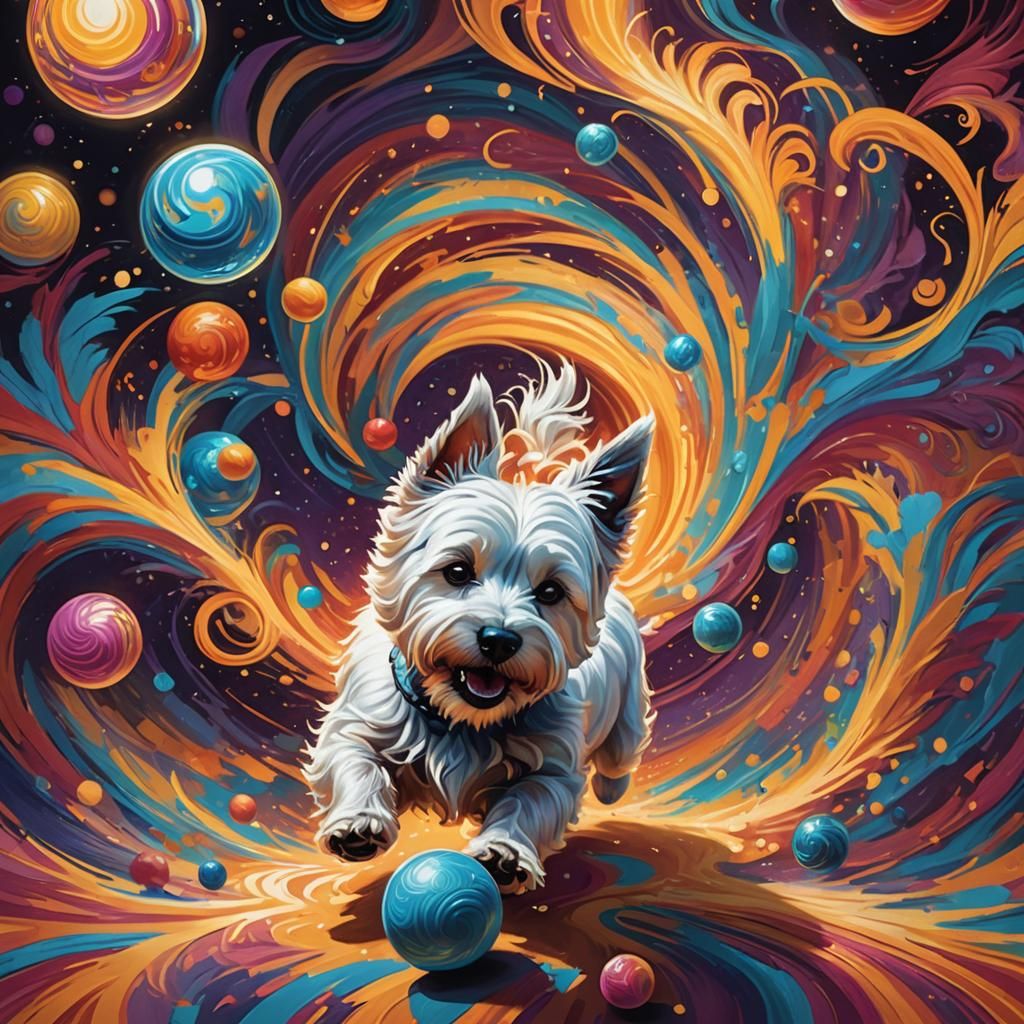 Colorful Westie Chasing Ball: Fantasy Concept Art