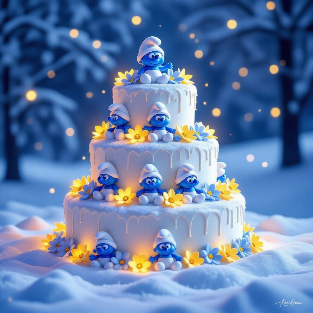 Magical Smurf Cake with Flowers on Snow