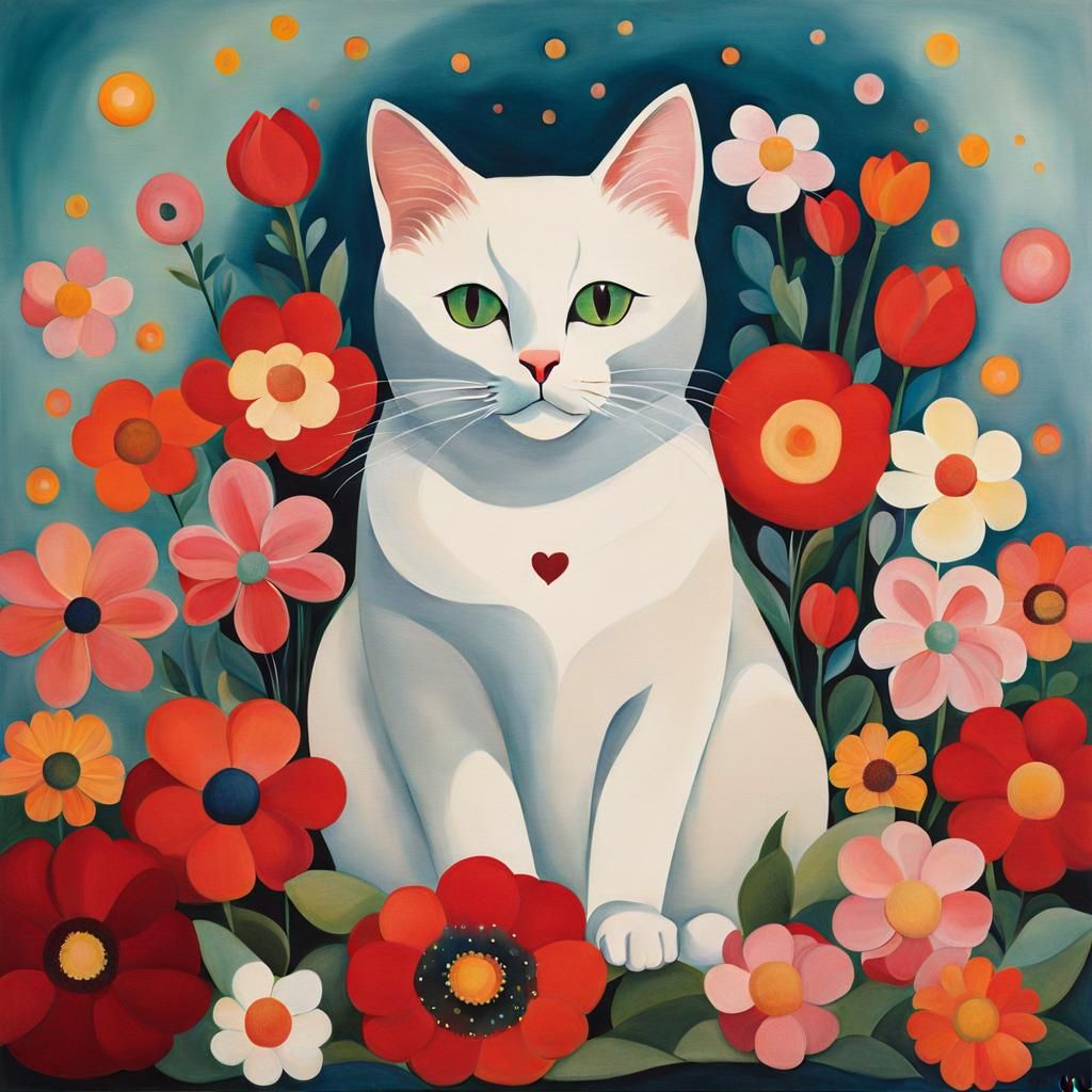 Cat Surrounded by Flowers in Modernist Style