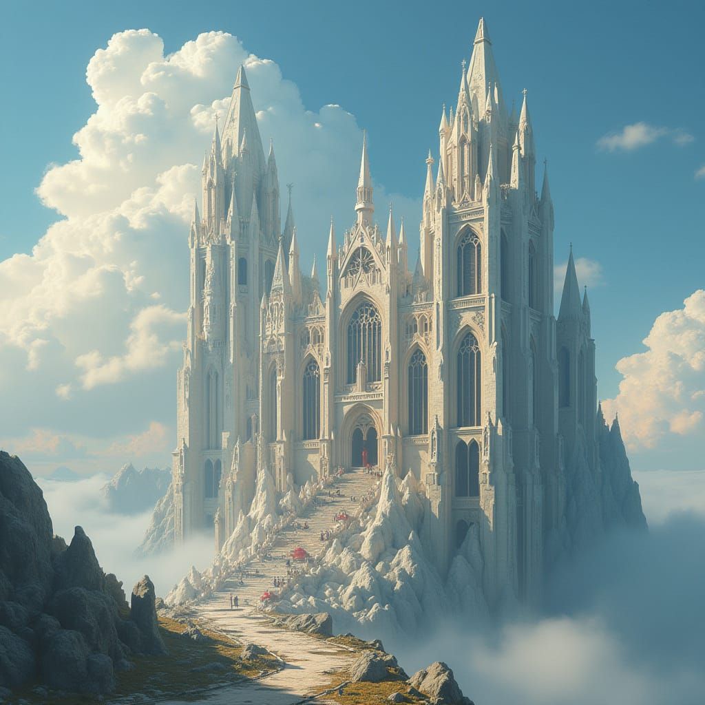 Futuristic Cathedral with Symbolic Cloud Figures