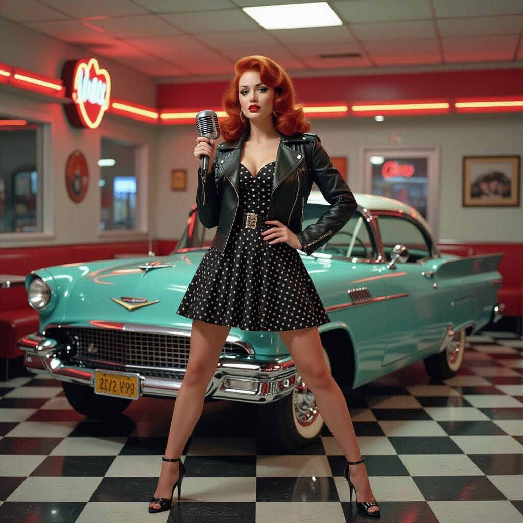 Rockabilly Girl at Retro Diner in Cinematic Photorealism