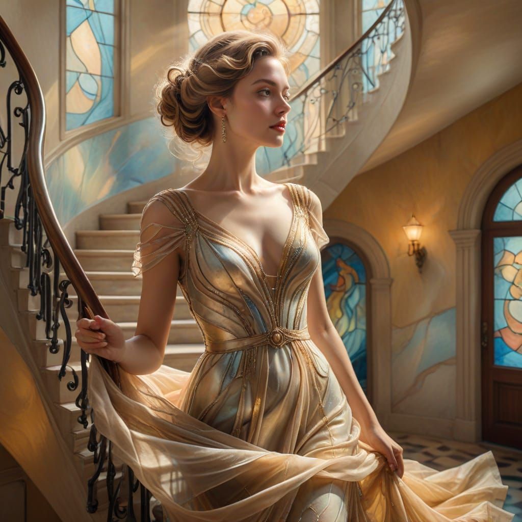 Elegant Woman Descends Grand Spiral Staircase in Surrealist ...
