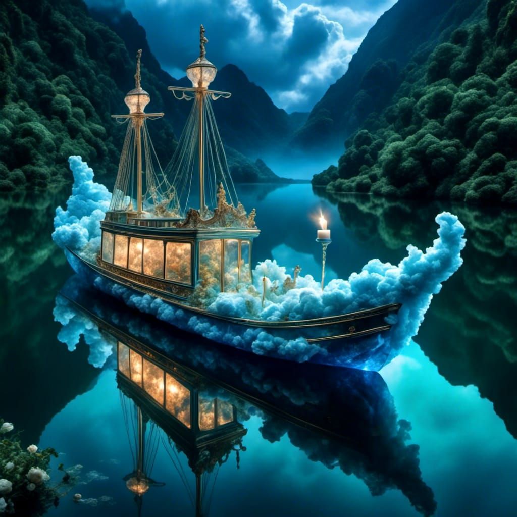 Glass Boat with Clouds on Starry Lake