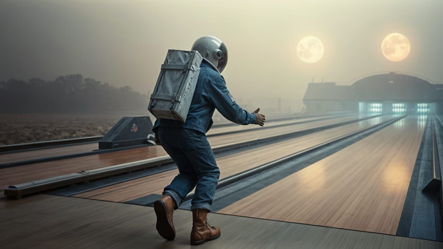 Astronaut Plays Bowling on a Misty Alien Planet