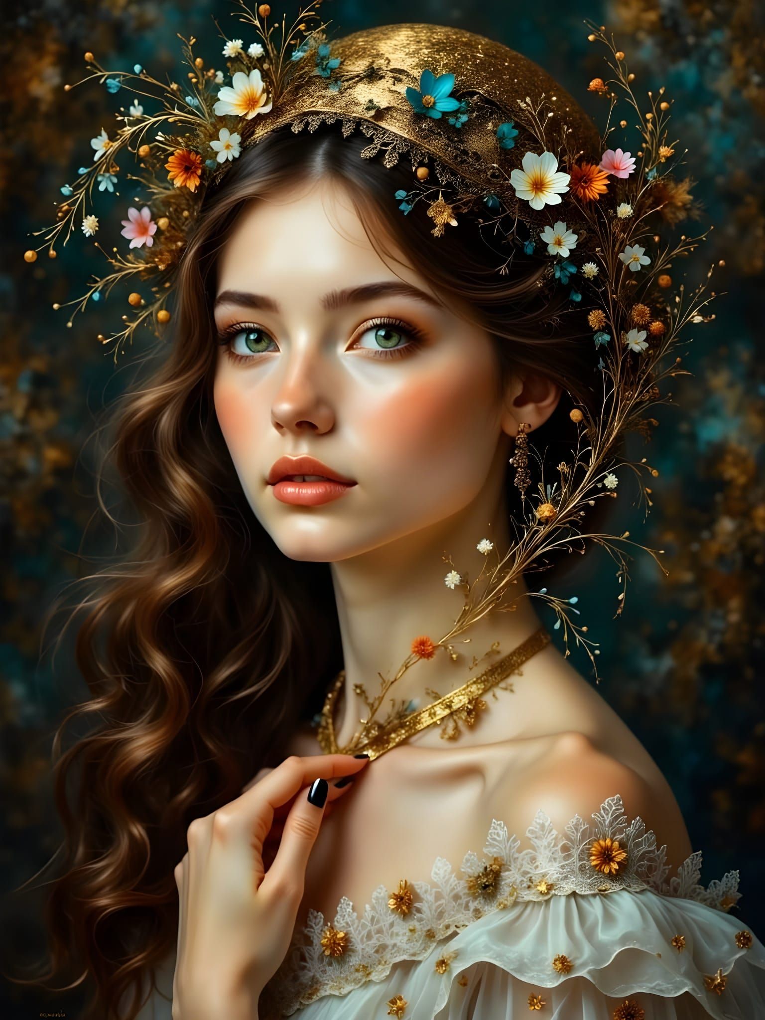 Ethereal Beauty with Filigree Flowers in Hand