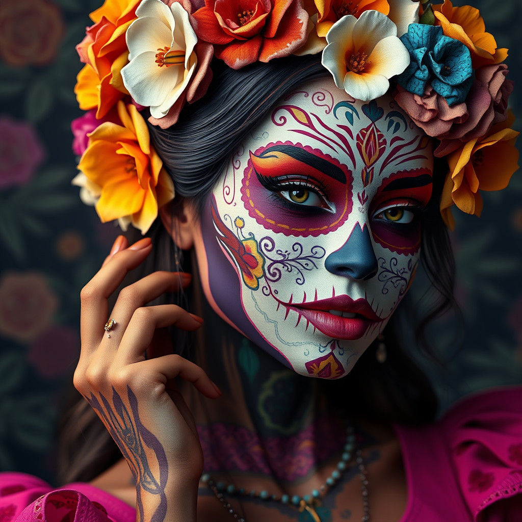 Día de los Muertos Woman in Hyper-Realistic Style