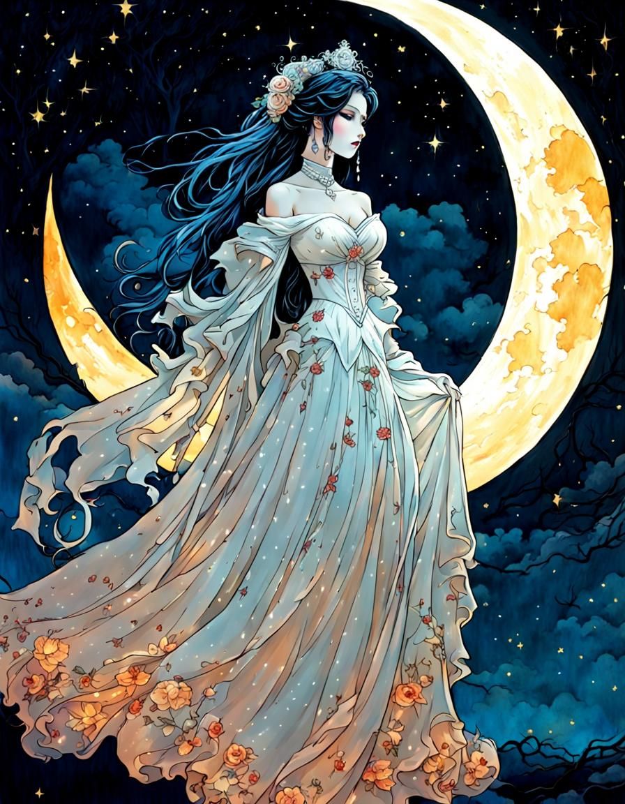 Ethereal Ghost Bride Gazing at Moon in Ink Style