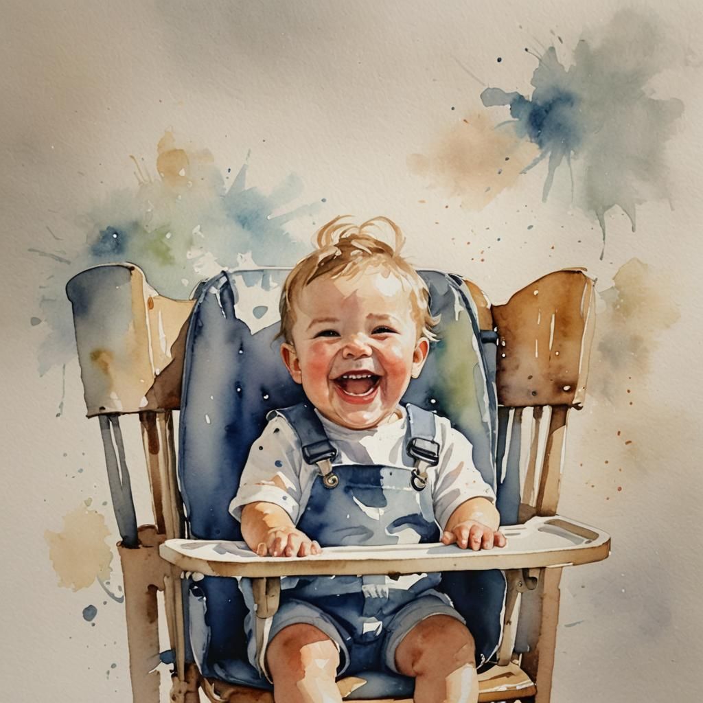 Toddler's Glee: Watercolor Portrait in High Chair