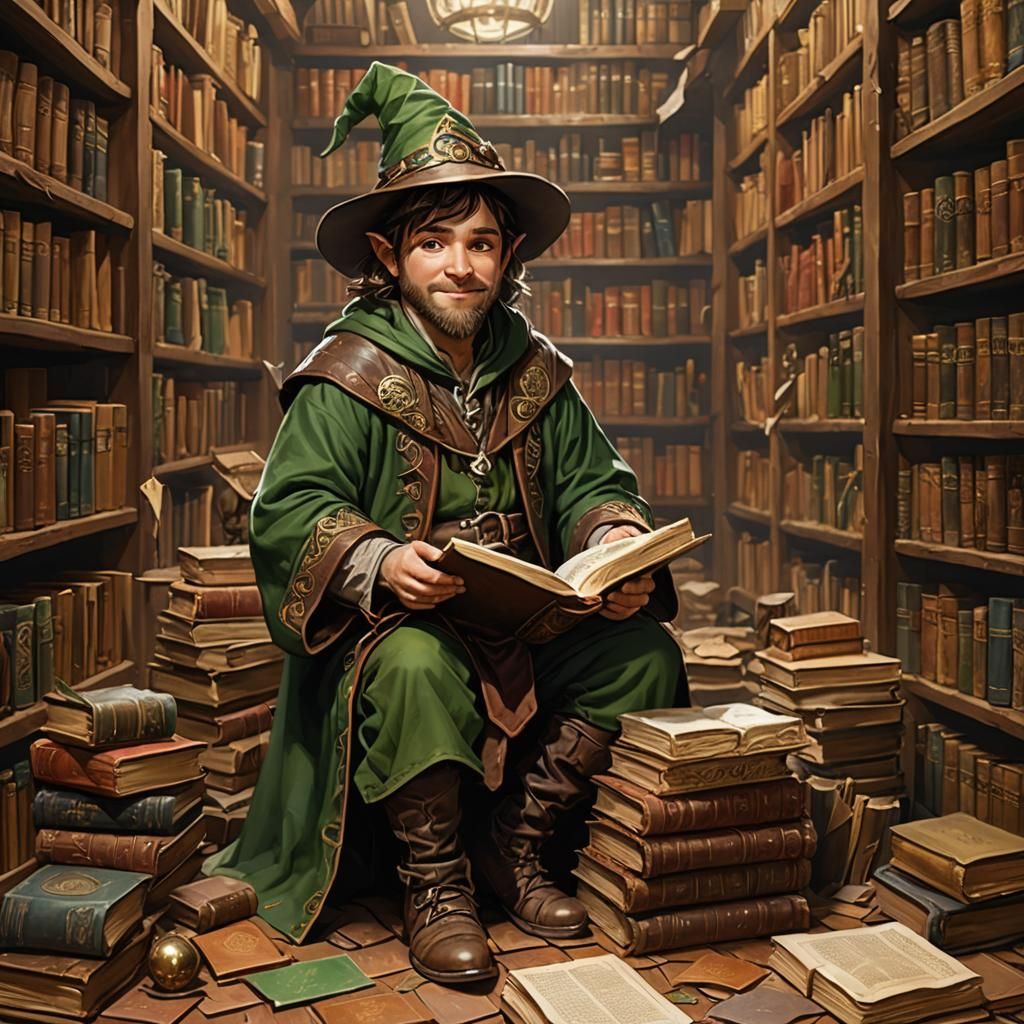 Halfling Wizard in Cozy Library, Cinematic Lighting
