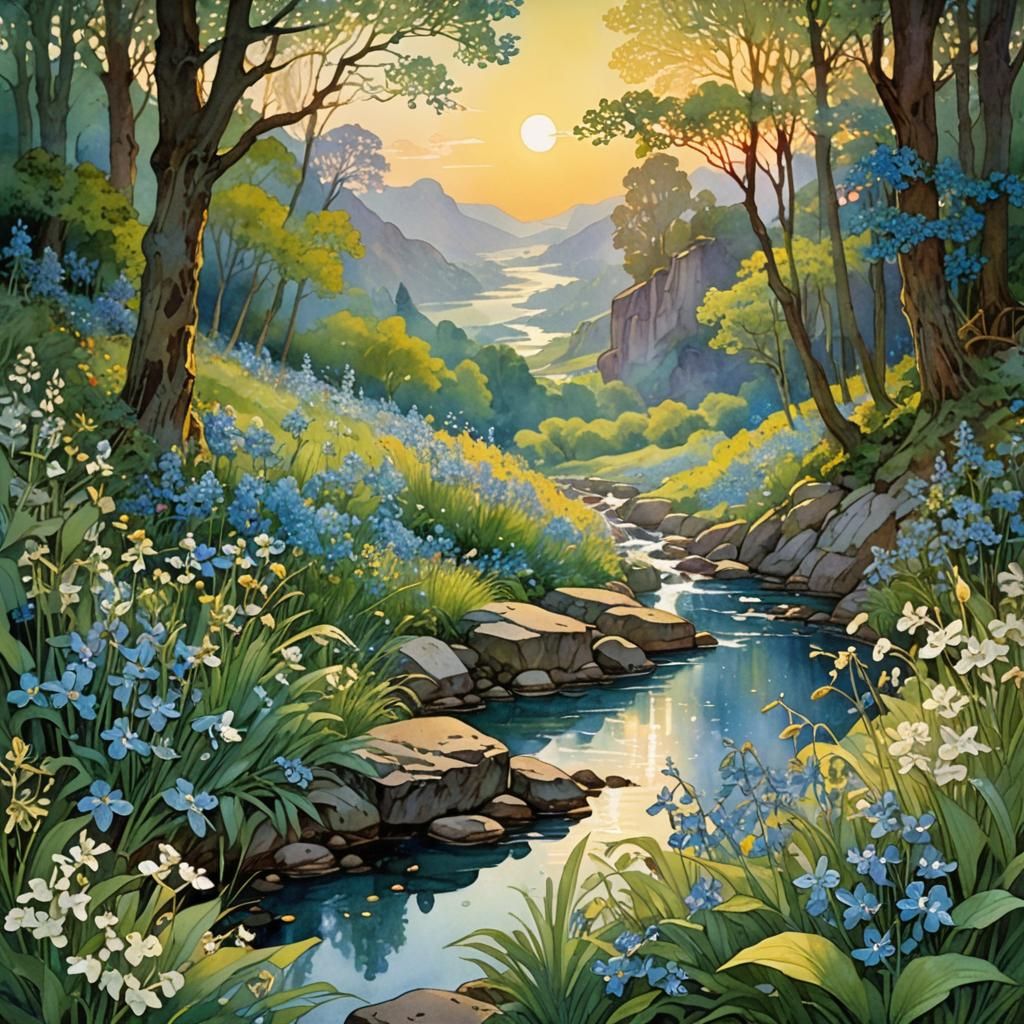 Summer River Valley in Dreamy Watercolor Style