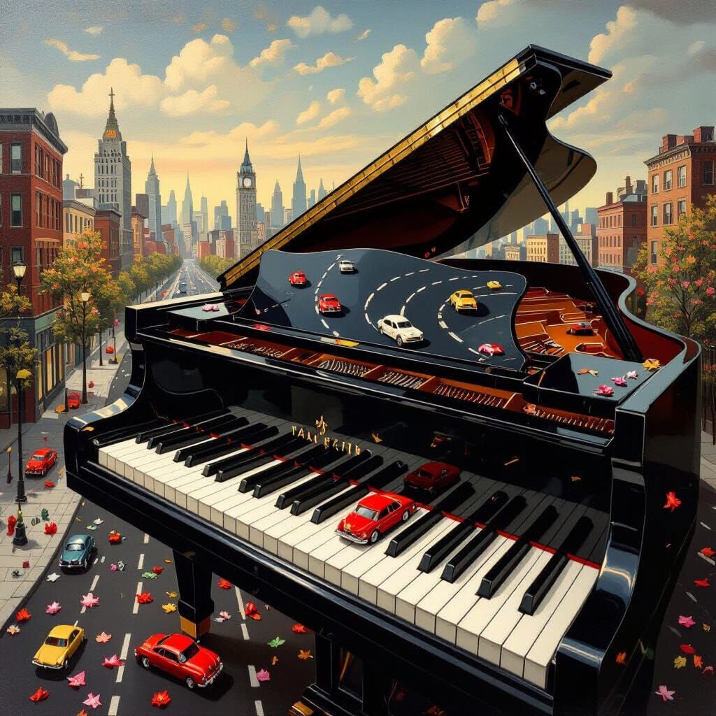 Surreal Piano Cityscape as Oil Painting