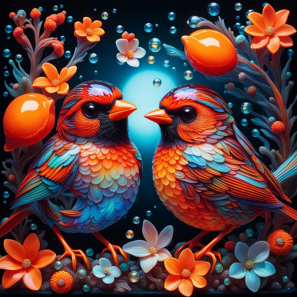 Luminous Glass Birds with Bioluminescent Plants