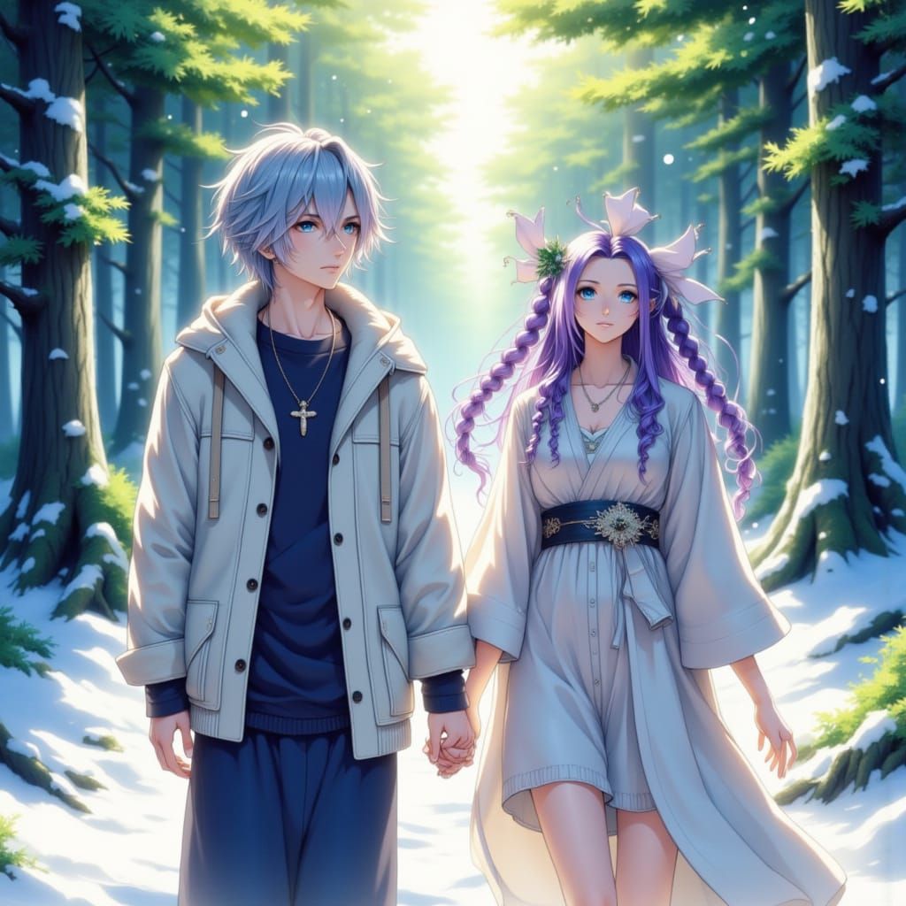 Anime Couple Hand-in-Hand in Snowy Forest