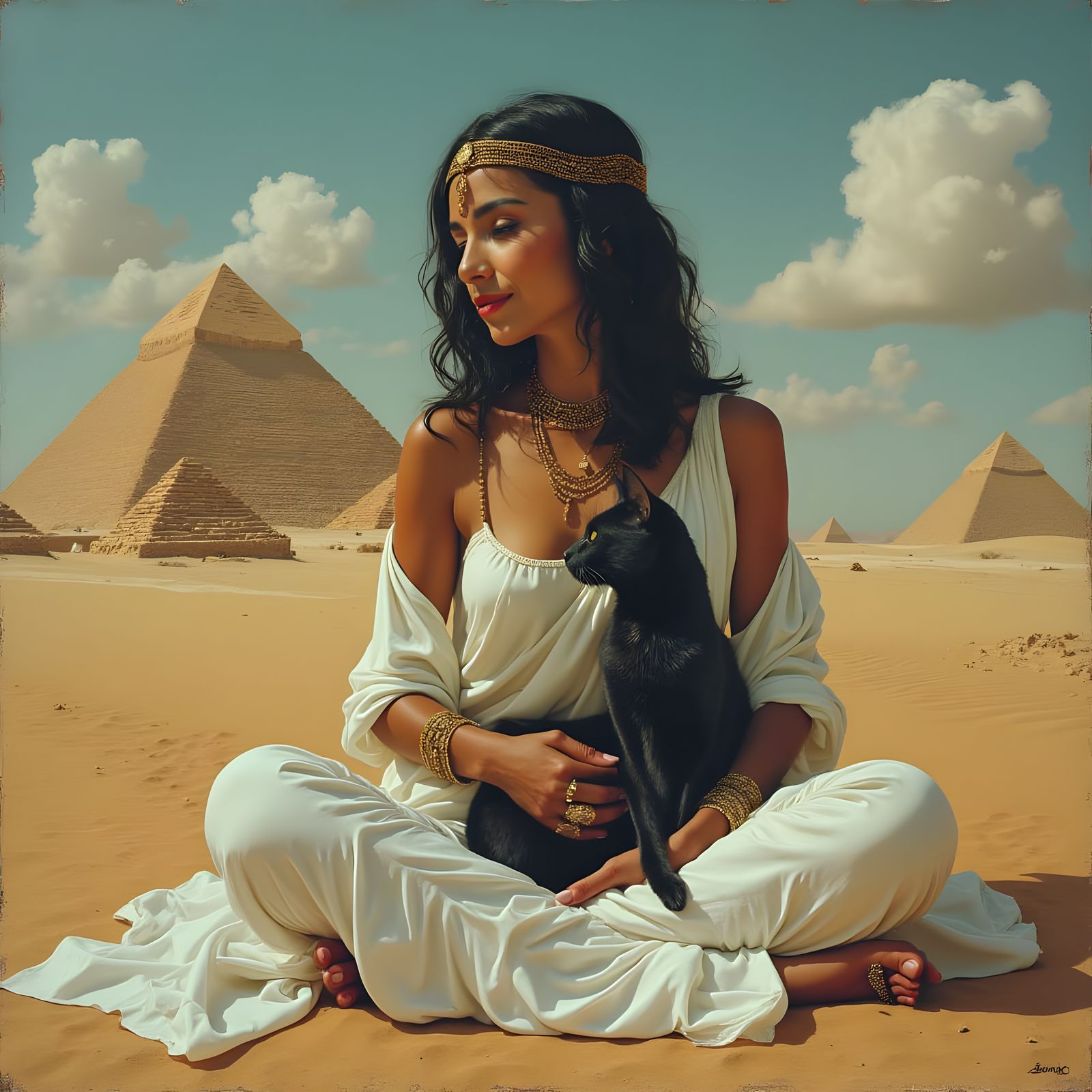 Egyptian Woman with Black Cat in Surreal Style