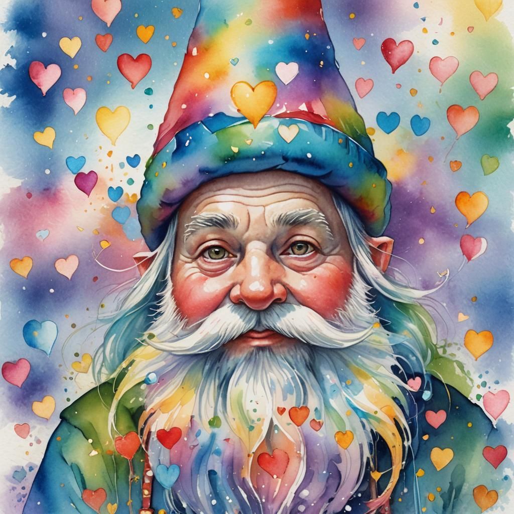 Whimsical Watercolor Gnome with Rainbow Hearts